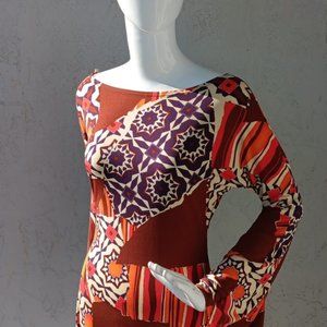 Freshine Ladies Vintage Very Colorful/Busy Fabric Midi Dress